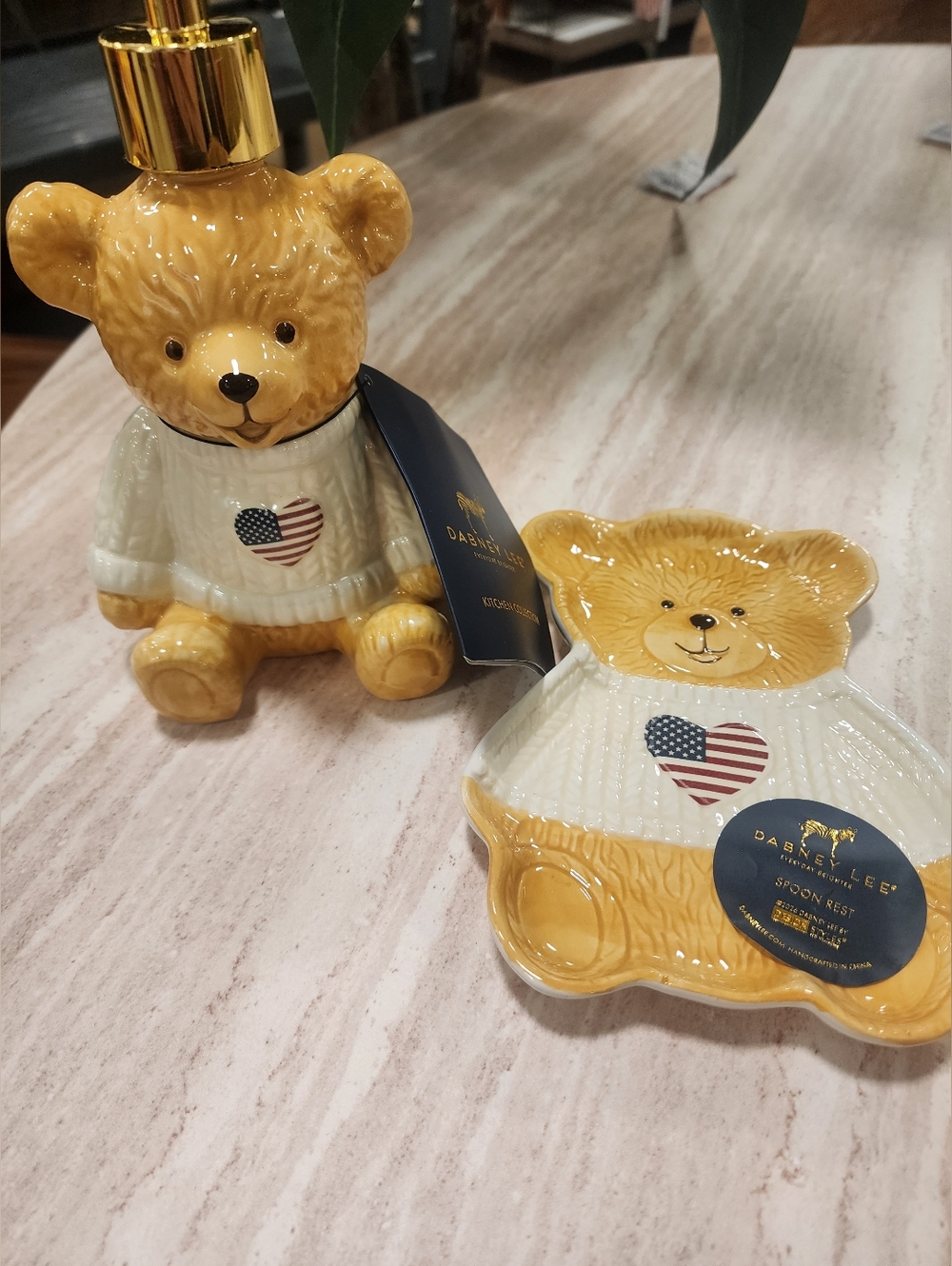 Dabney Lee Yellow & White Bear Soap Dispenser and Spoon Rest Set